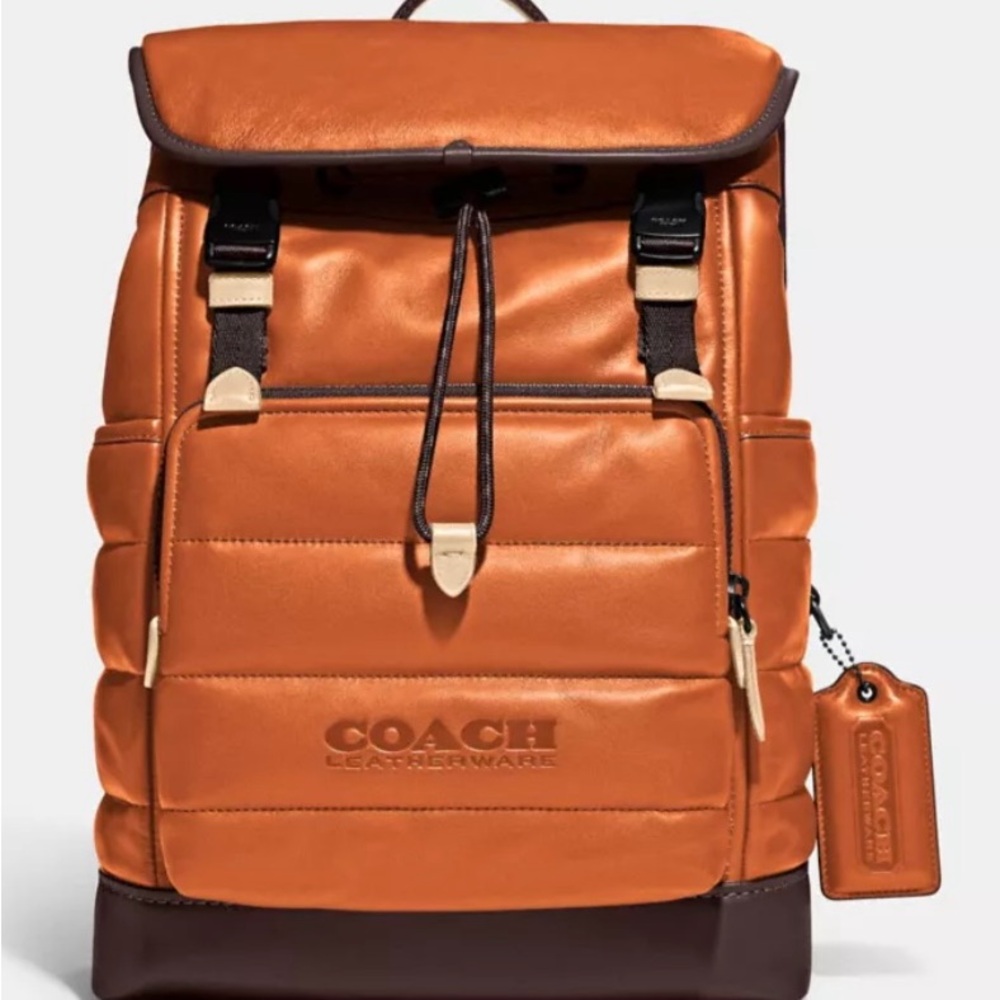 Coach Quilted Calf Leather Backpack Buckle Drawstring Zip Adjustable Tan - NEW